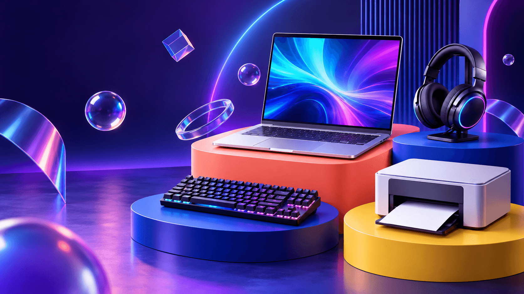 Colourful illustration of a laptop, gaming accessories and printer